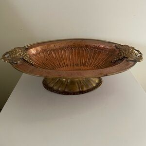 Vintage Hammered Brass And Copper Oval Pedestal Fruit Bowl With Grape Handles